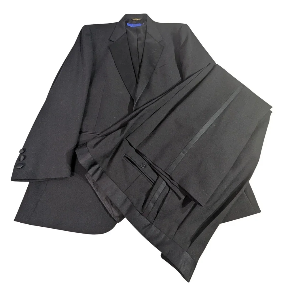 Vintage Black Wool Tuxedo Suit Set 44L Peak Lapel‎ USA
